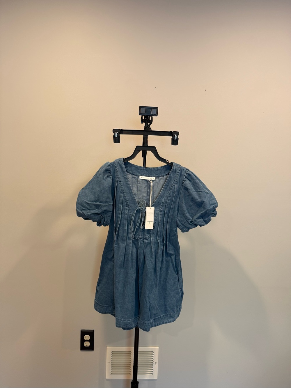 Altar'd State Medium Wash Denim Romper with Puff Sleeves - Blue - Picture 4 of 6